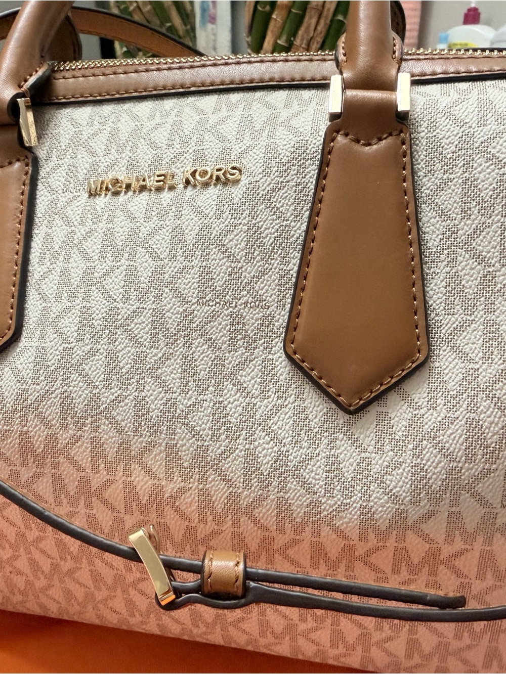 Michael Kors Beige Signature Satchel with Tan Trim and Gold Hardware